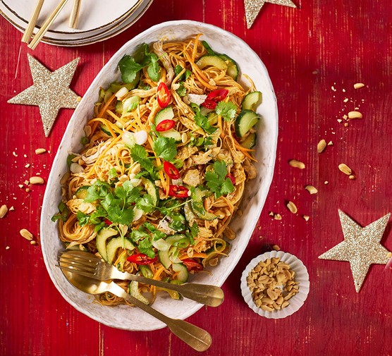 Bang bang turkey noodle salad served on a sharing platter