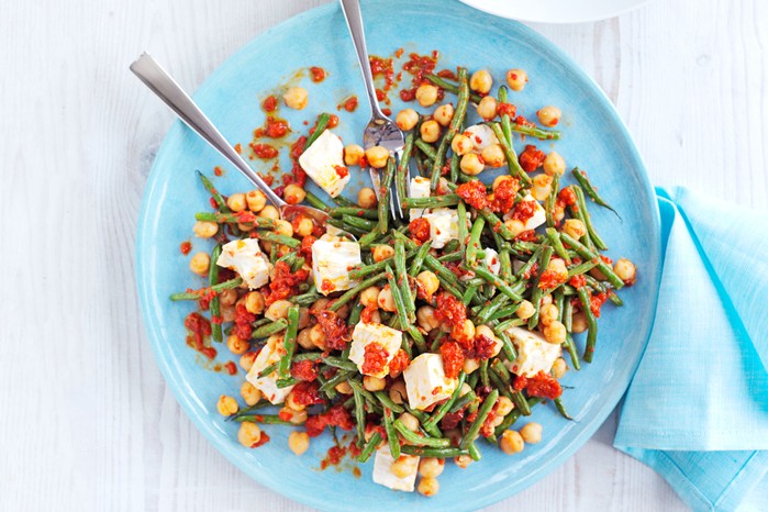 Beans, chickpeas and feta on a plate