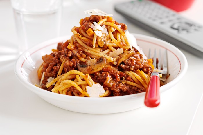 Pile of spaghetti bolognese on a plate