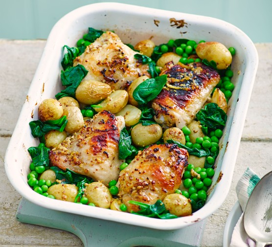 Honey & mustard chicken thighs with spring veg