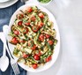 Grilled vegetables with cannellini beans & vegan pesto served on an oval plate