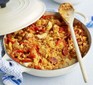 Casserole dish of chicken and chorizo jambalaya