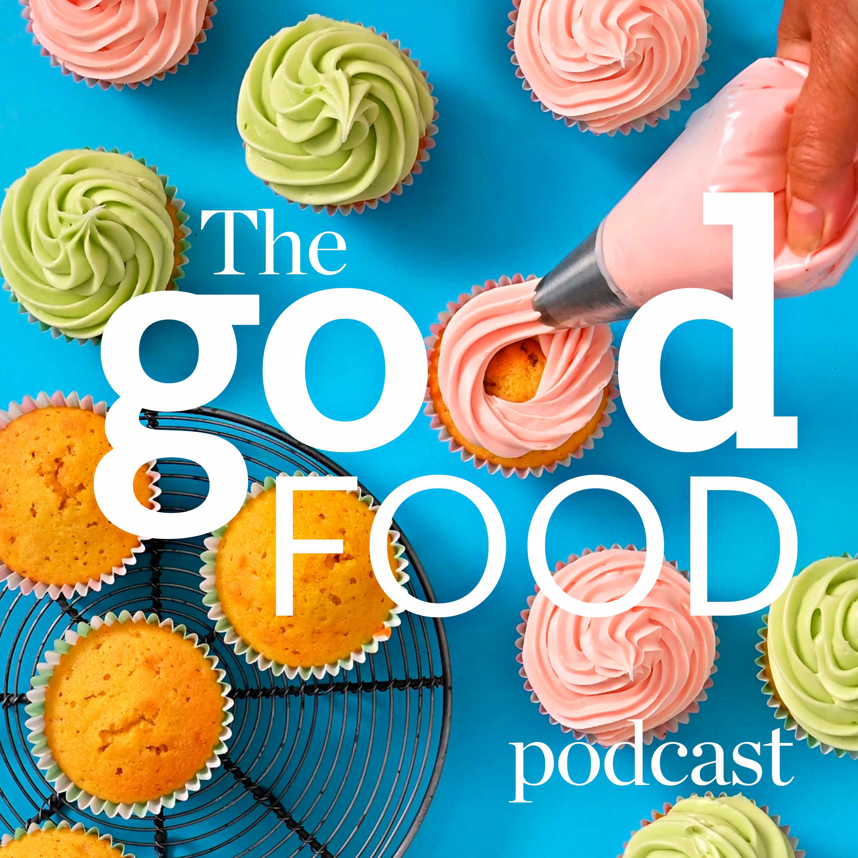 Good Food podcast image with iced cupcakes