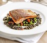 Pan-fried sea trout, peas & chorizo fricassée