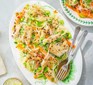 A sharing plate of spicy rice noodle salad with smoked mackerel