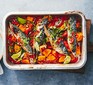 Thai mackerel & sweet potato traybake served in a roasting dish