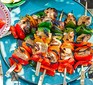 Traffic light chicken shish kebabs served on skewers