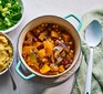 Vegan one-pot winter squash with broccoli, peas and veg mash